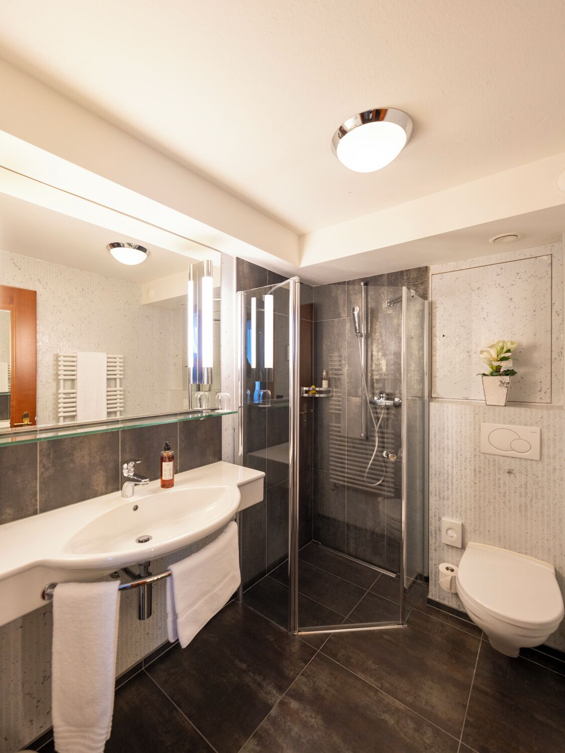 Un baño moderno con ducha de vidrio, lavamanos blanco y un inodoro.
