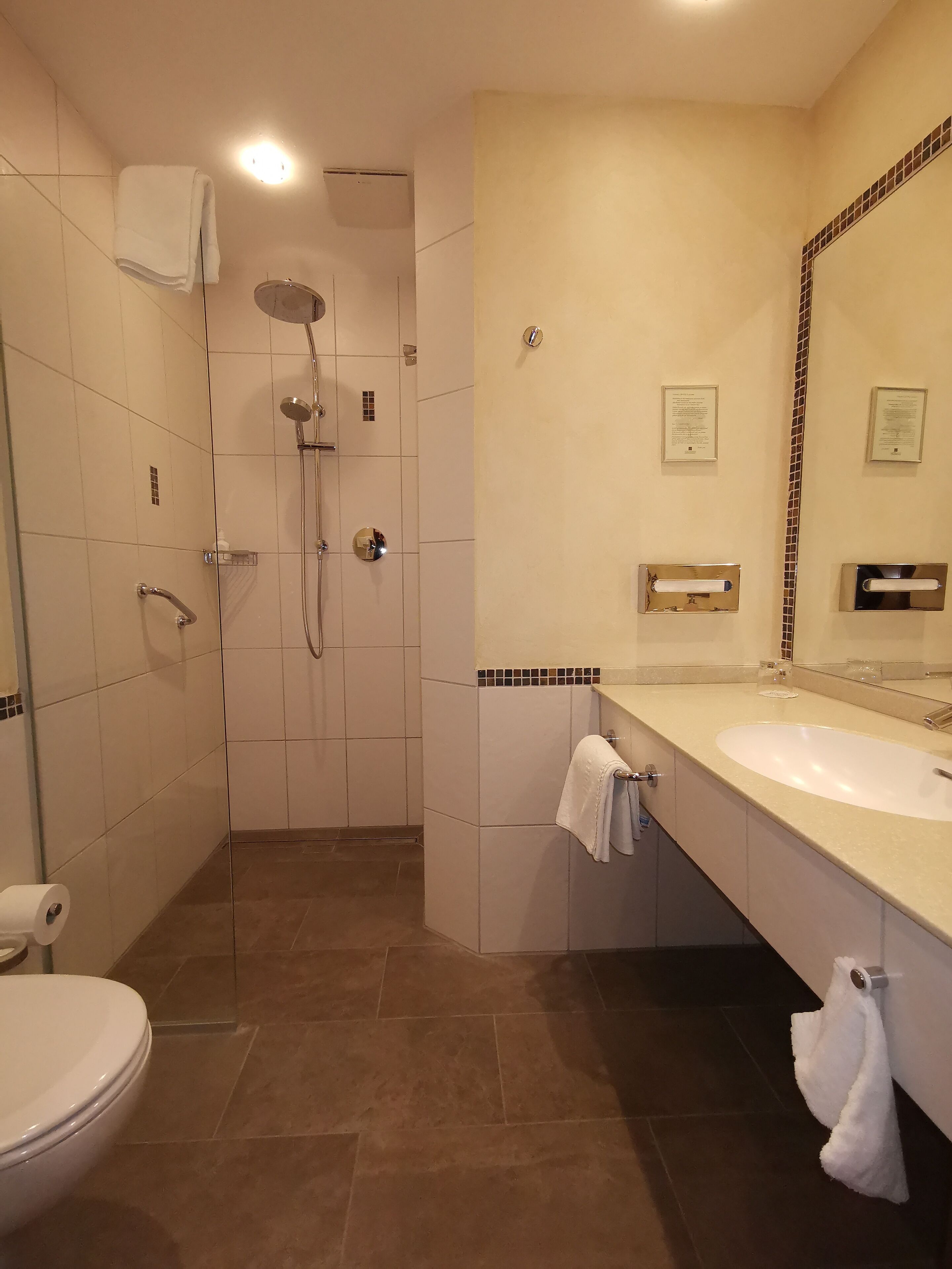 A modern bathroom with a shower, toilet, and sink.