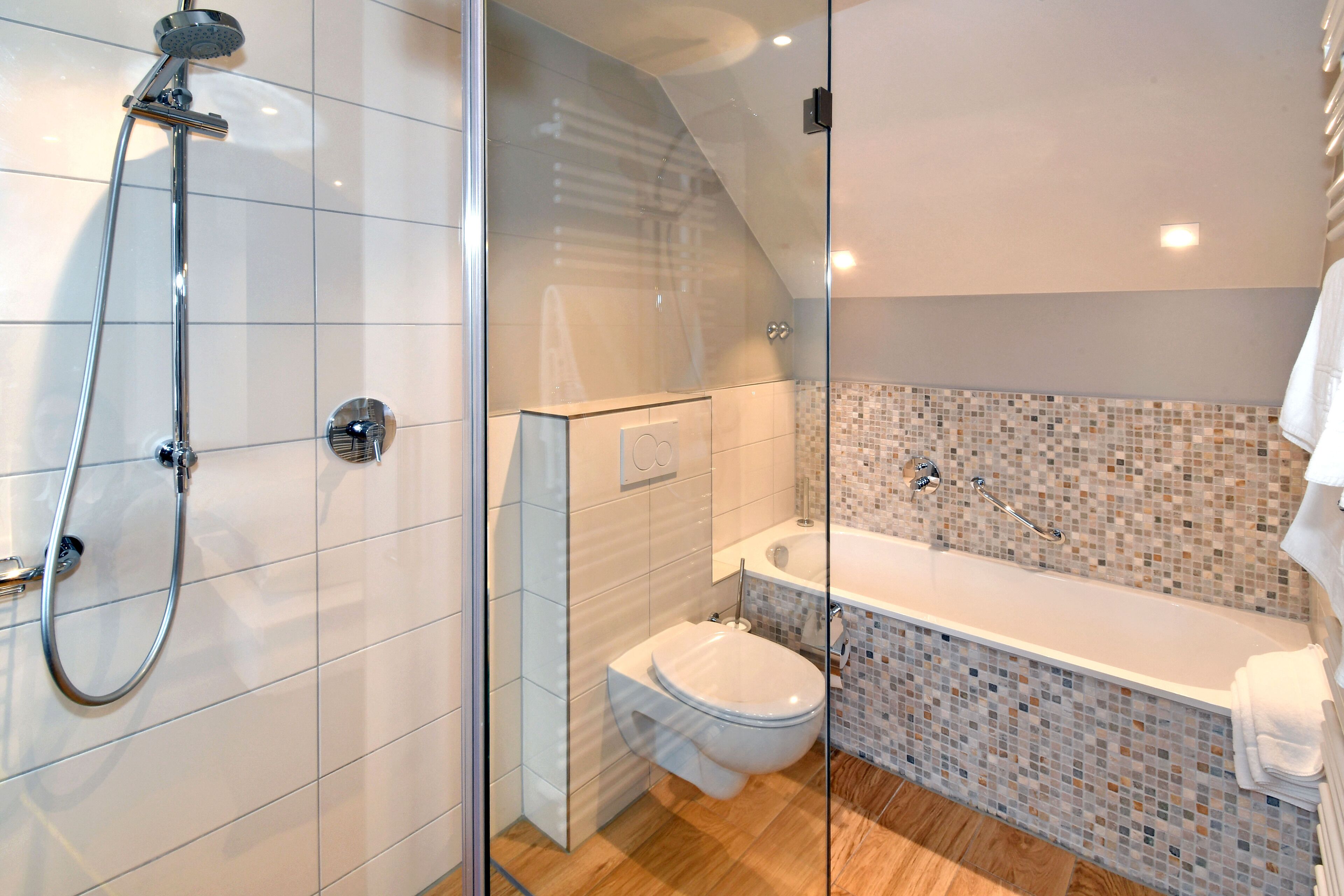A modern bathroom with a glass-enclosed shower, a toilet, and a bathtub.