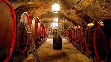 A wine cellar with rows of wooden barrels, a ladder, and a central light fixture.