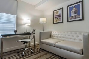 Premium bedding, pillowtop beds, desk, laptop workspace
