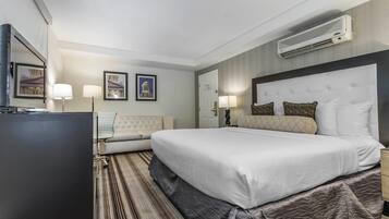 Premium bedding, pillowtop beds, desk, laptop workspace