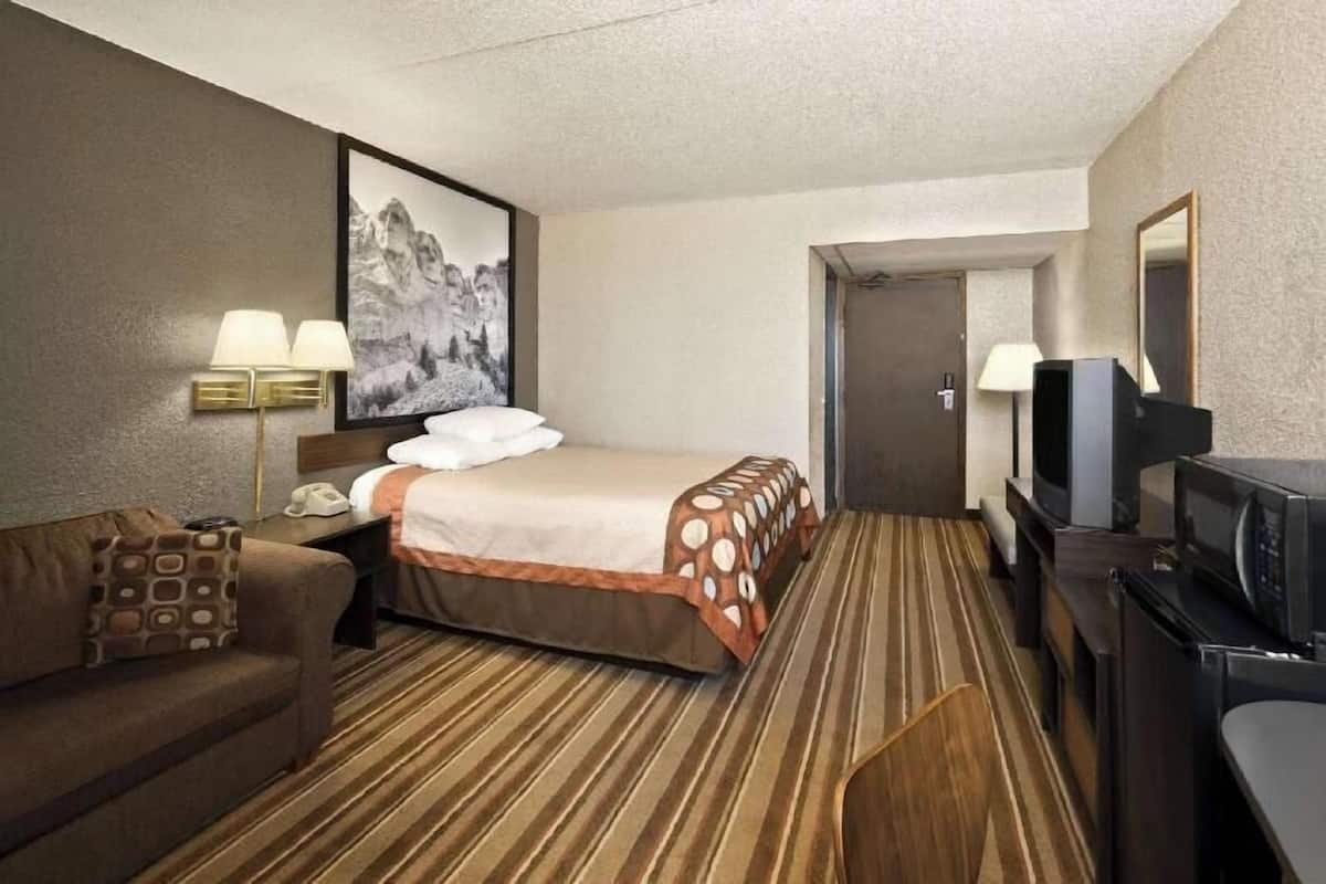 Een hotelkamer met een bed, een bank, een bureau met een televisie, een telefoon en een foto aan de muur.