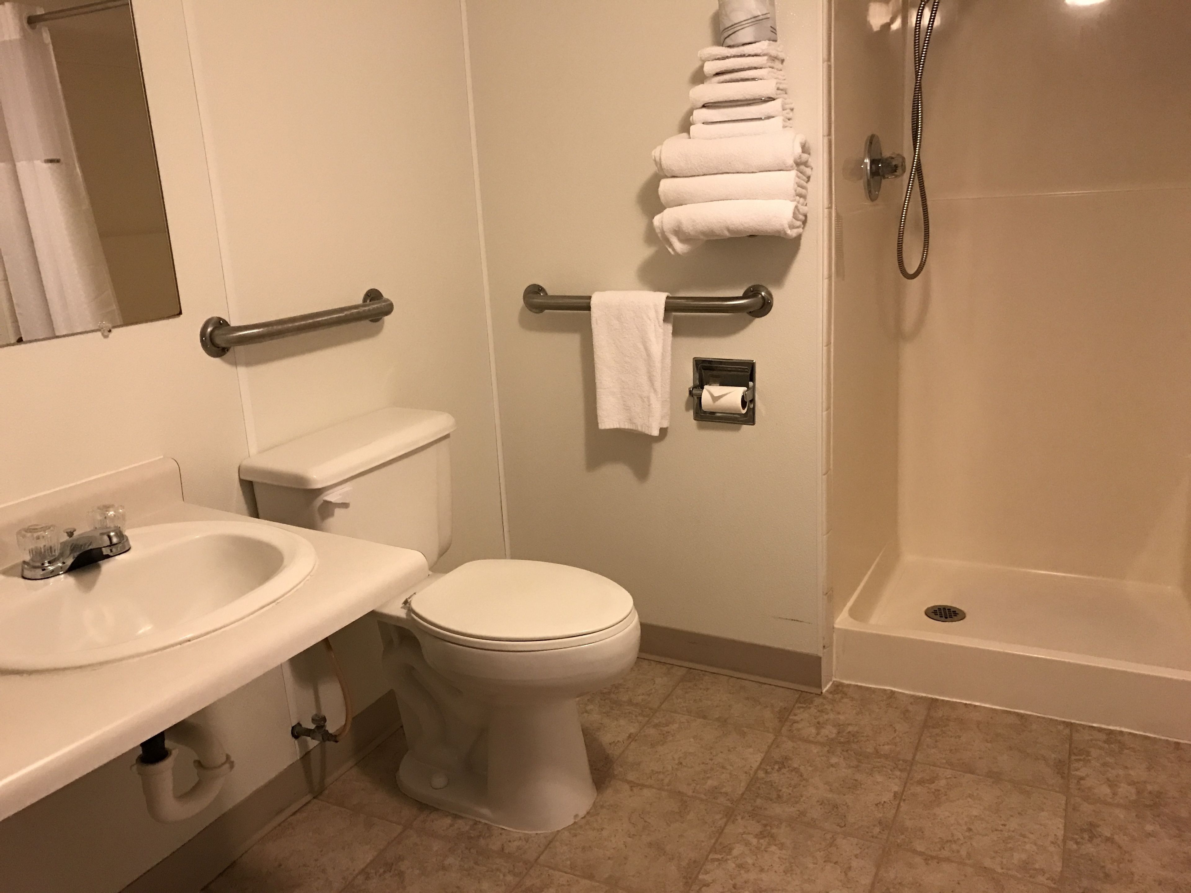 A bathroom with a sink, toilet, and shower.