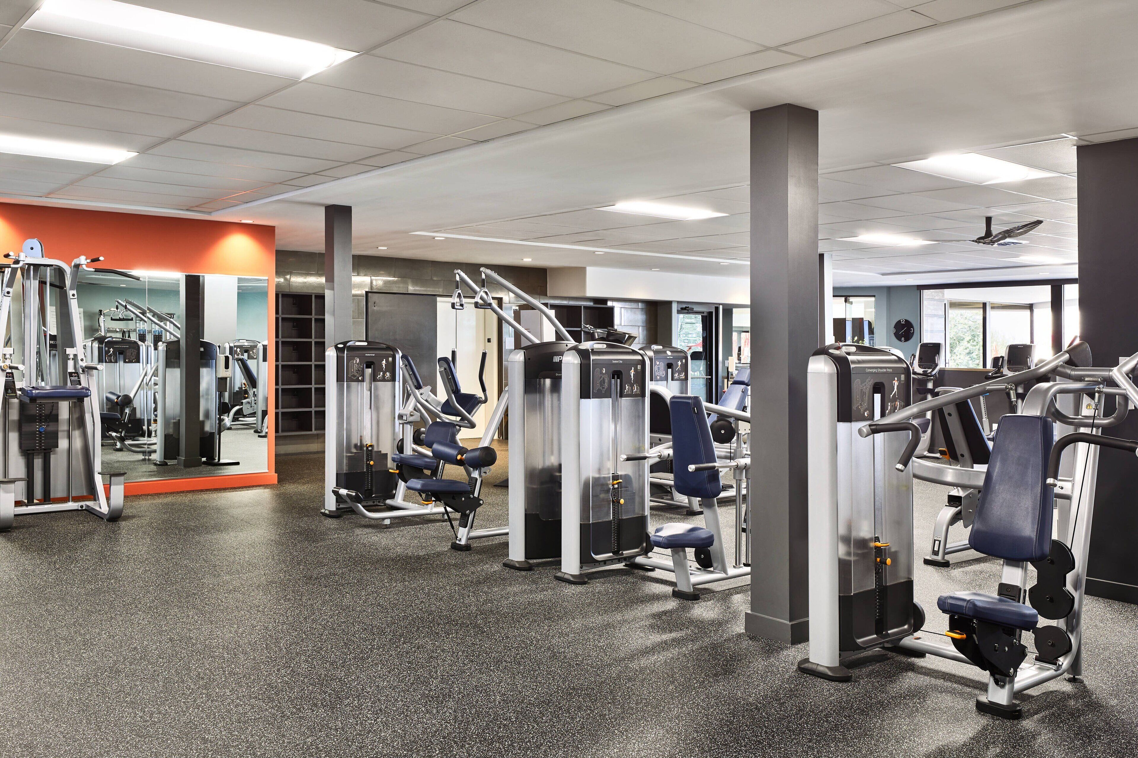 A gym with various exercise machines, mirrors, and a carpeted floor.