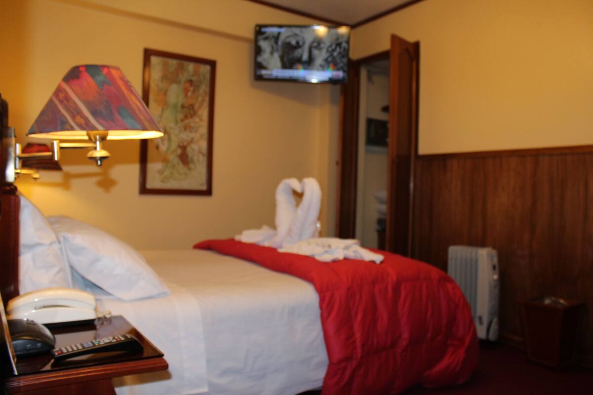 A hotel room with a bed, a bedside table with a lamp, a television mounted on the wall, and a radiator.