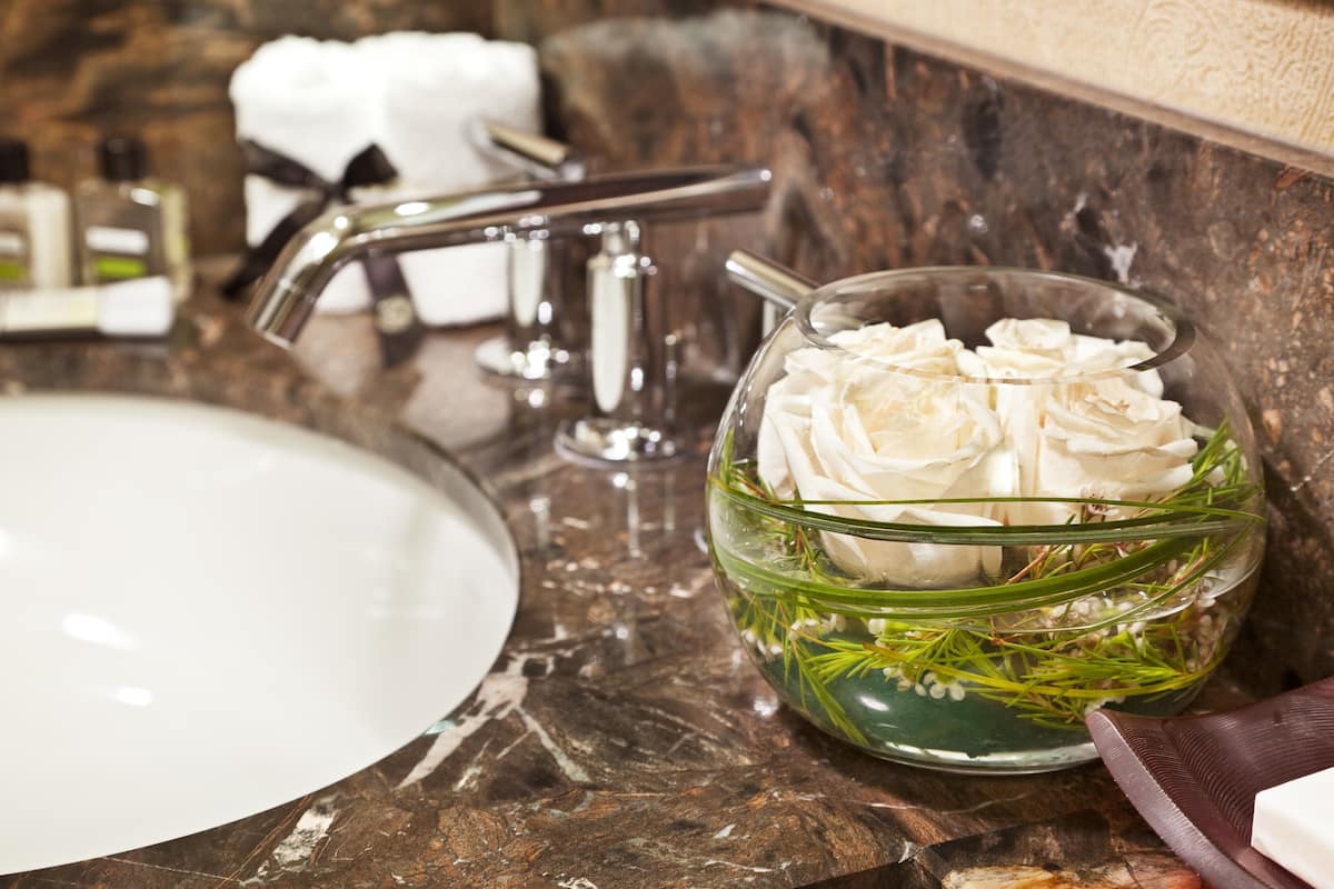 combined shower/bathtub, designer toiletries, hair dryer, bathrobes