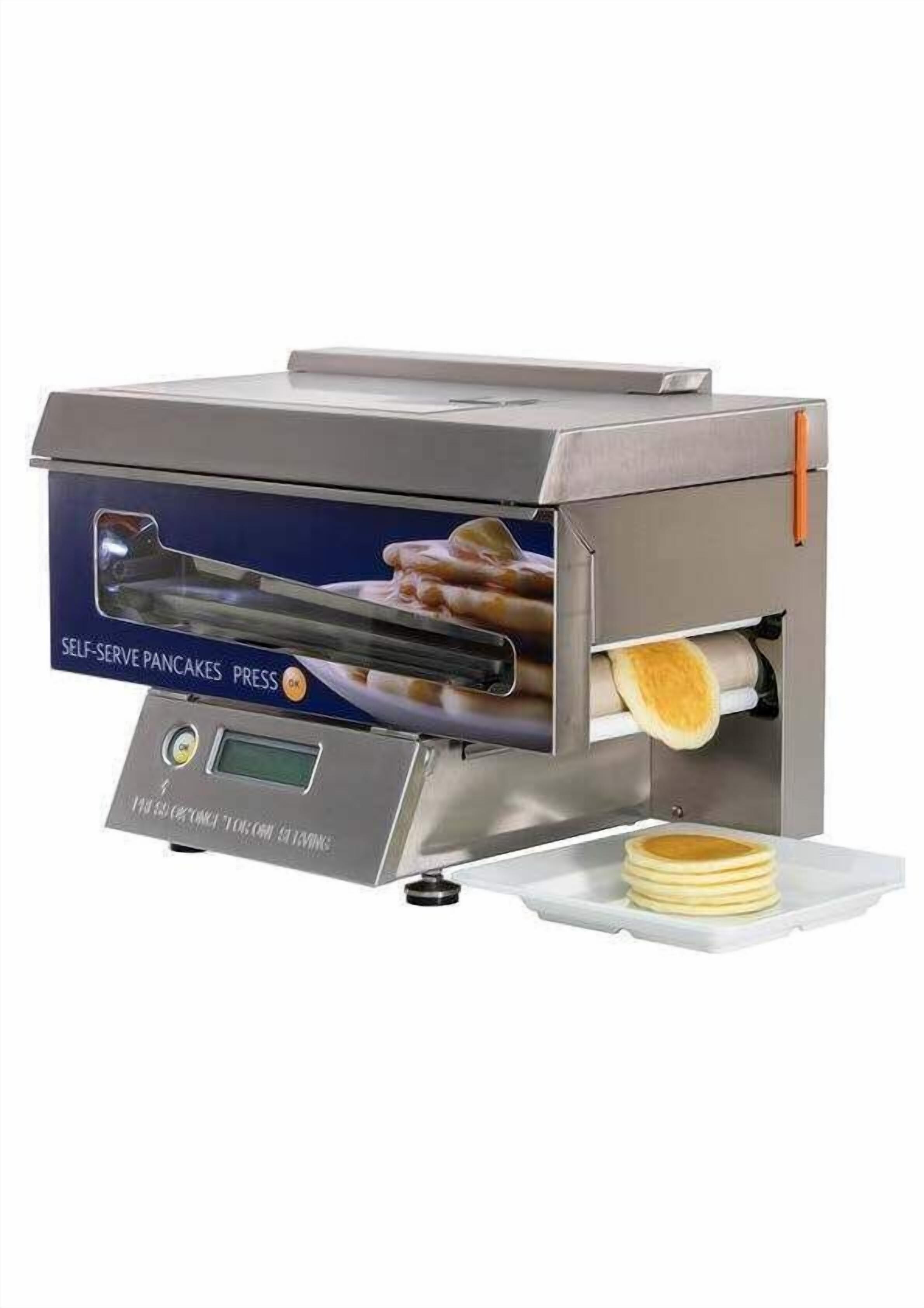 A self-serve pancake press machine with a digital display and a tray for pancakes.