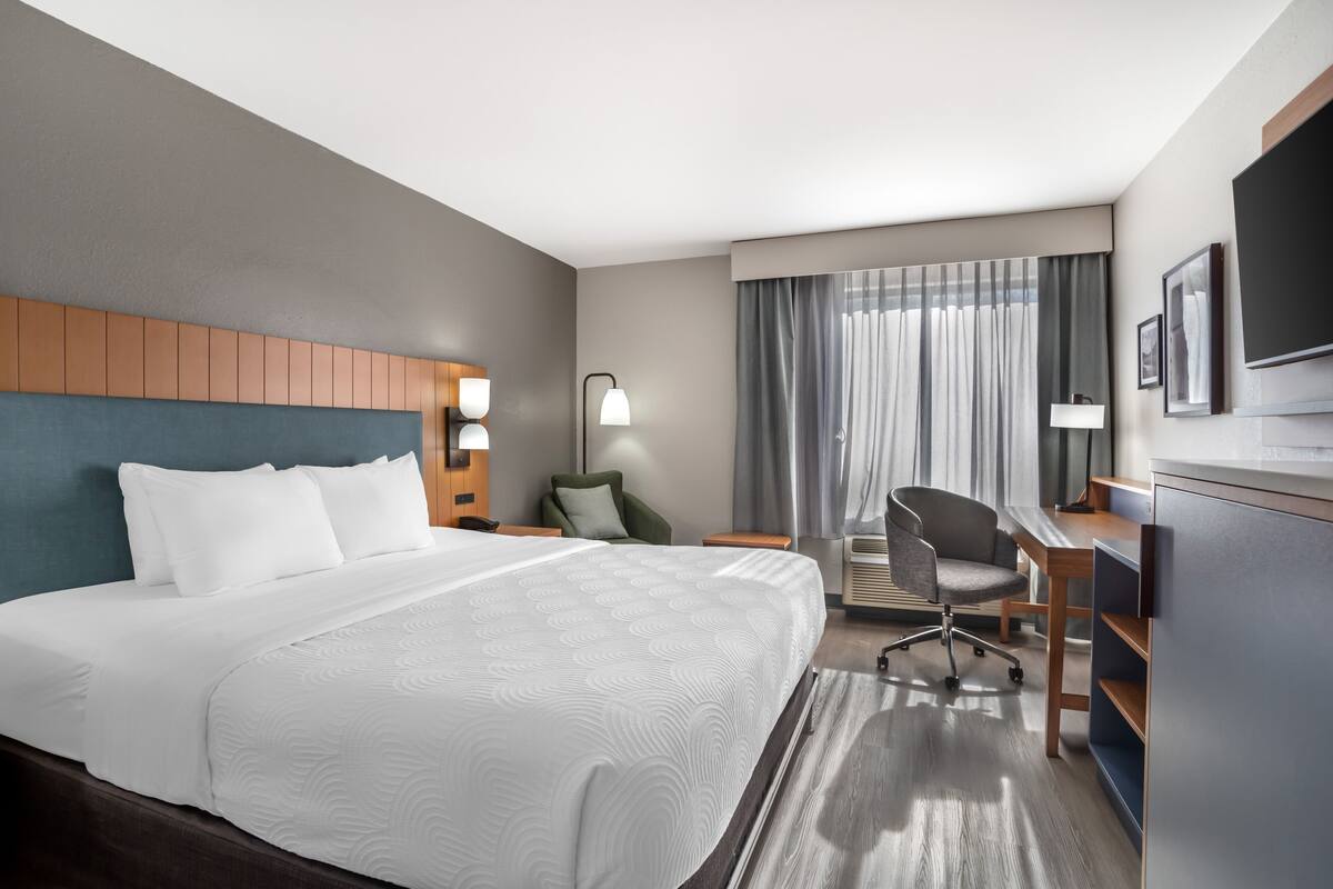 Une chambre d’hôtel avec un grand lit, un bureau, une chaise, une télévision et une fenêtre avec des rideaux.