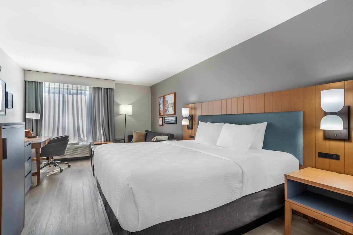 Une chambre d’hôtel avec un grand lit, un bureau avec une chaise, une lampe de bureau, une table de chevet et un téléviseur fixé au mur.