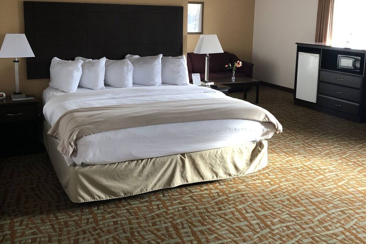 Una habitación de hotel con una cama grande, dos mesitas de noche con lámparas, un aparador y un televisor.