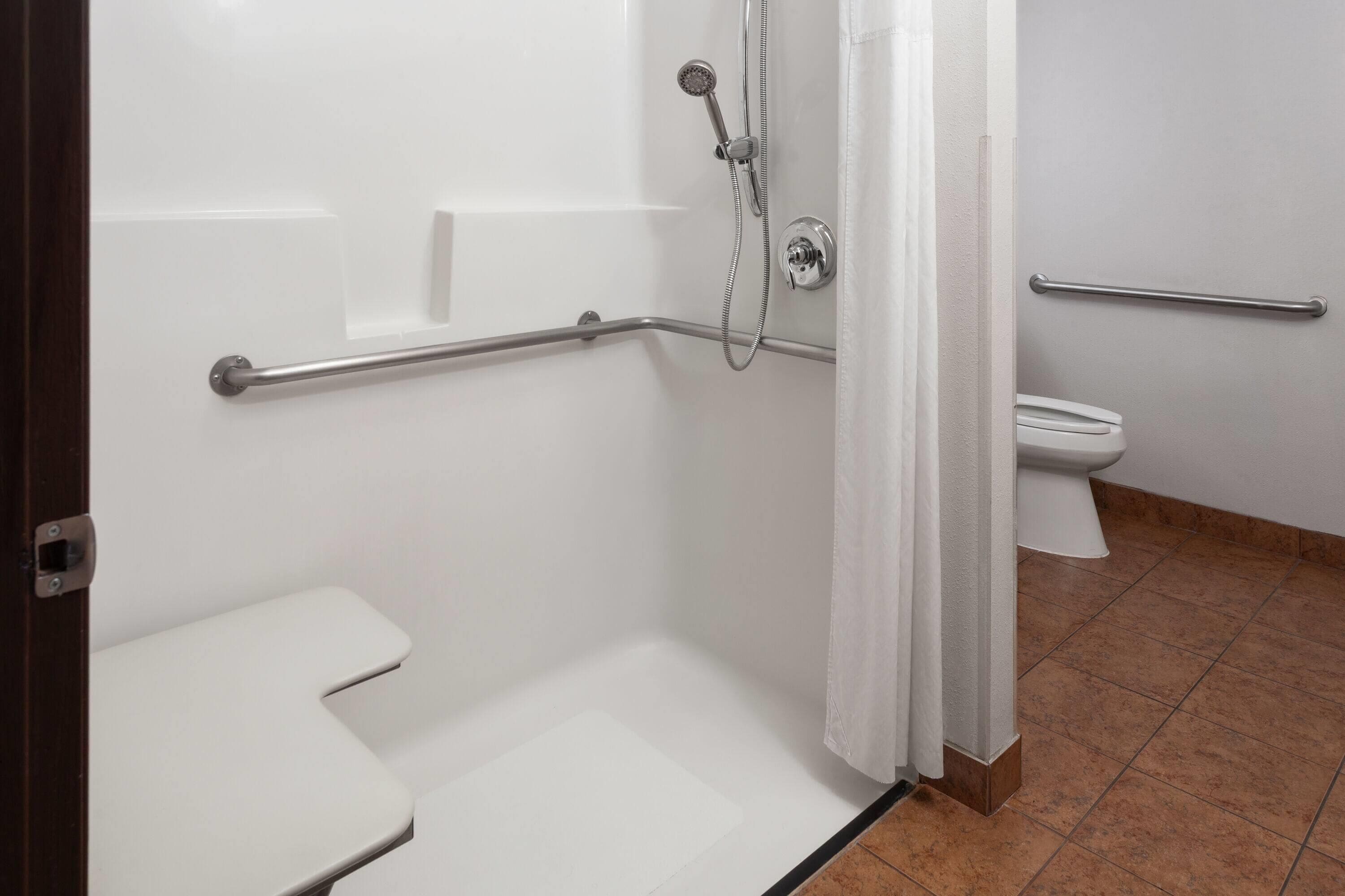 A bathroom with a shower, toilet, and grab bar.