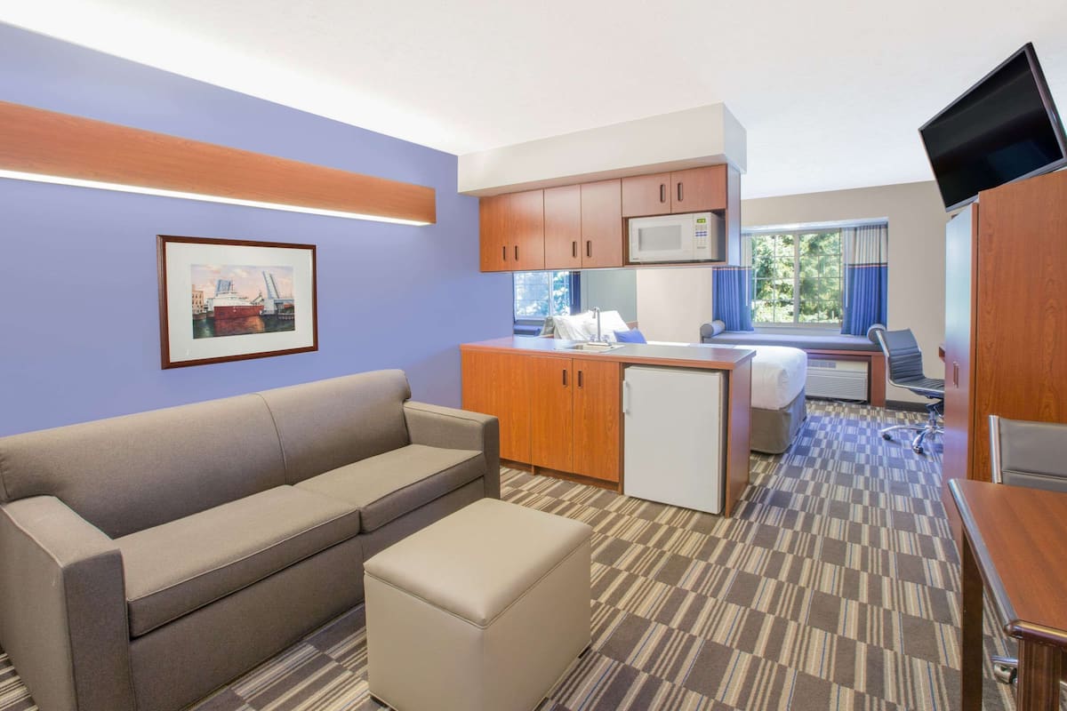 A compact hotel room with a sofa, kitchenette, and a window with a view of trees.