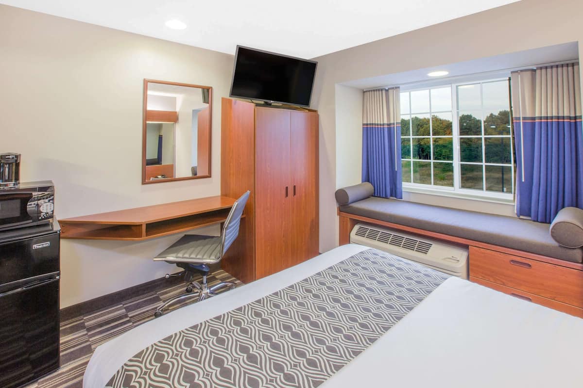 A hotel room with a bed, a desk with a chair, a television on a cabinet, a window with curtains, and a view of trees outside.