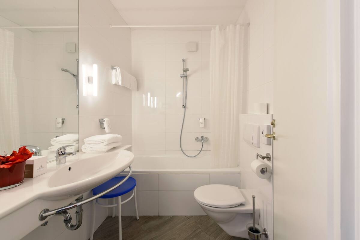 free toiletries, hair dryer, towels