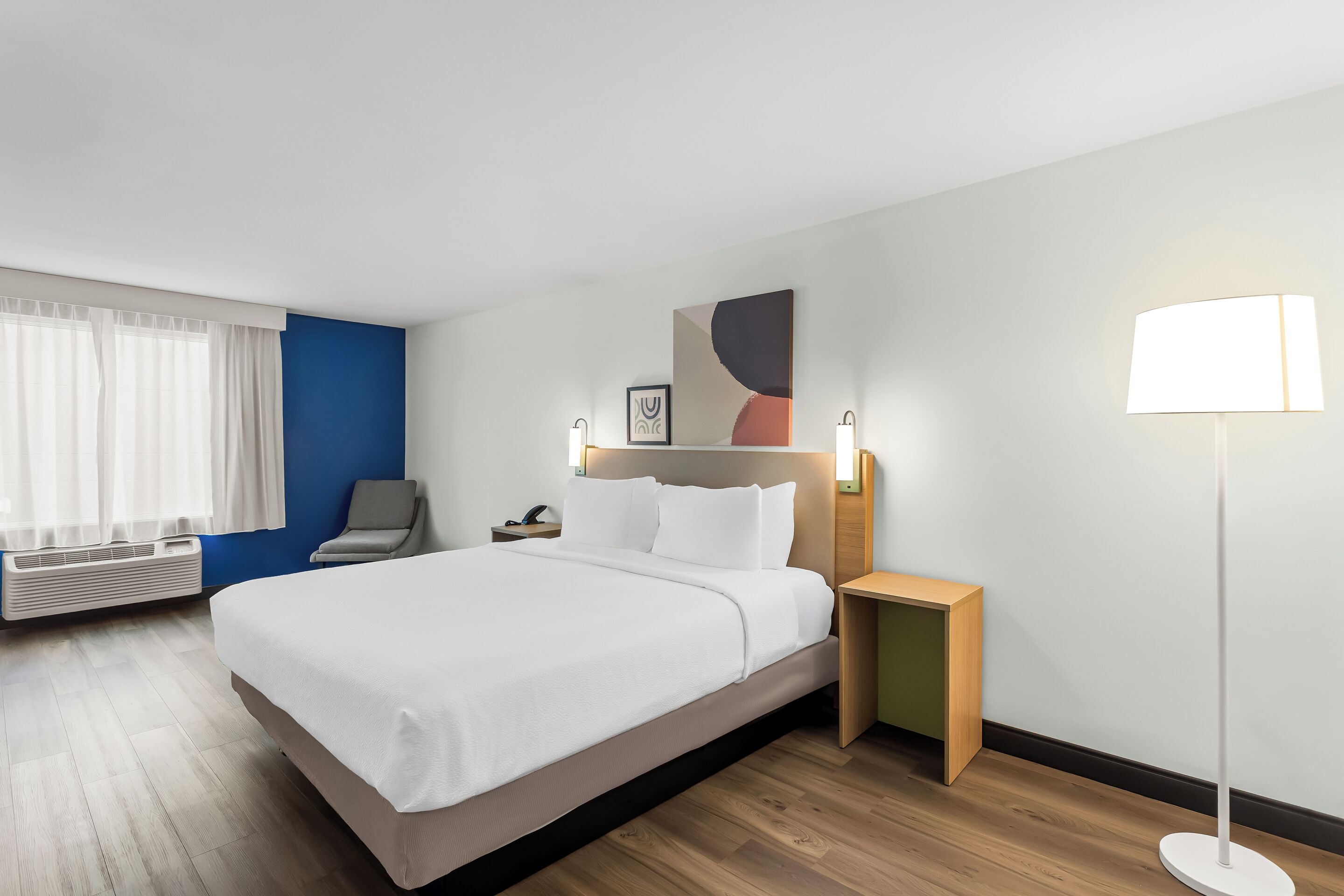 Premium bedding, desk, blackout curtains, iron/ironing board