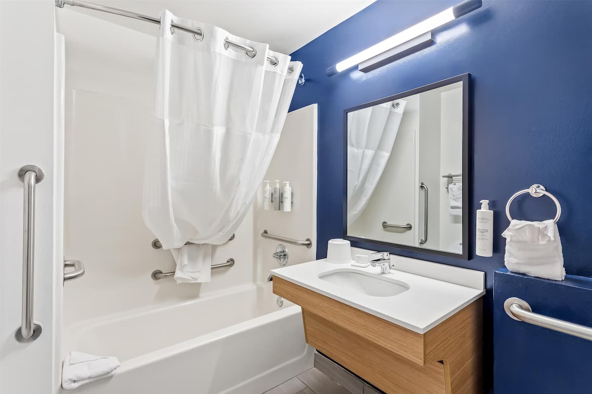 Combined shower/bathtub, free toiletries, hair dryer, towels