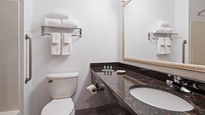Combined shower/tub, free toiletries, hair dryer, towels