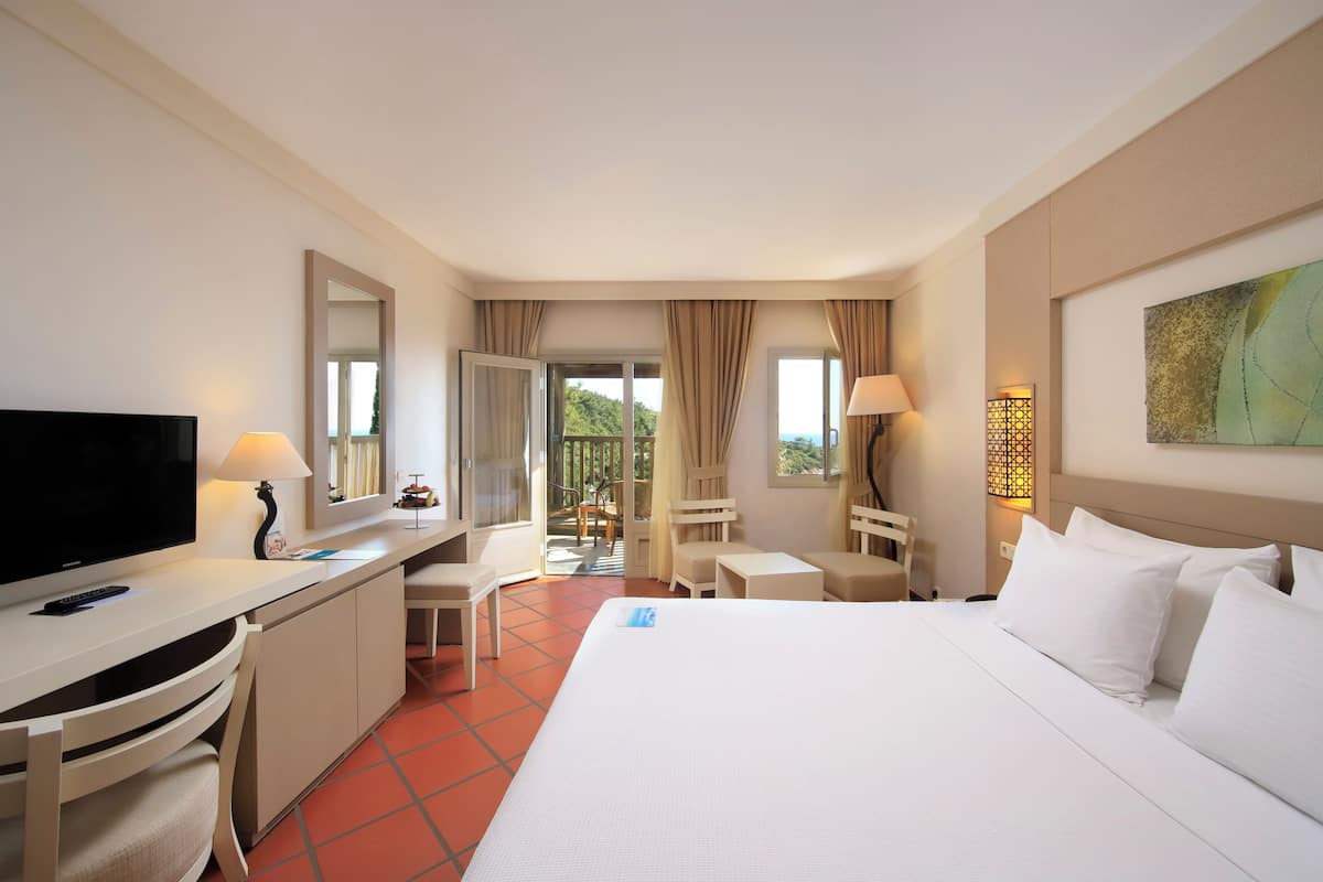 A hotel room with a bed, desk, chair, TV, and a view of the outdoors.