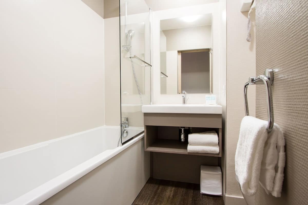combined shower/bathtub, free toiletries, hair dryer, towels