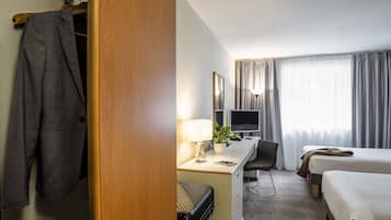 Desk, laptop workspace, blackout curtains, soundproofing