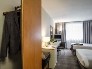 Desk, laptop workspace, blackout curtains, soundproofing