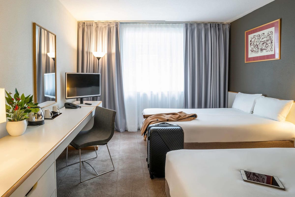 Desk, laptop workspace, blackout curtains, soundproofing