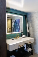 Shower, hair dryer, bathrobes, soap
