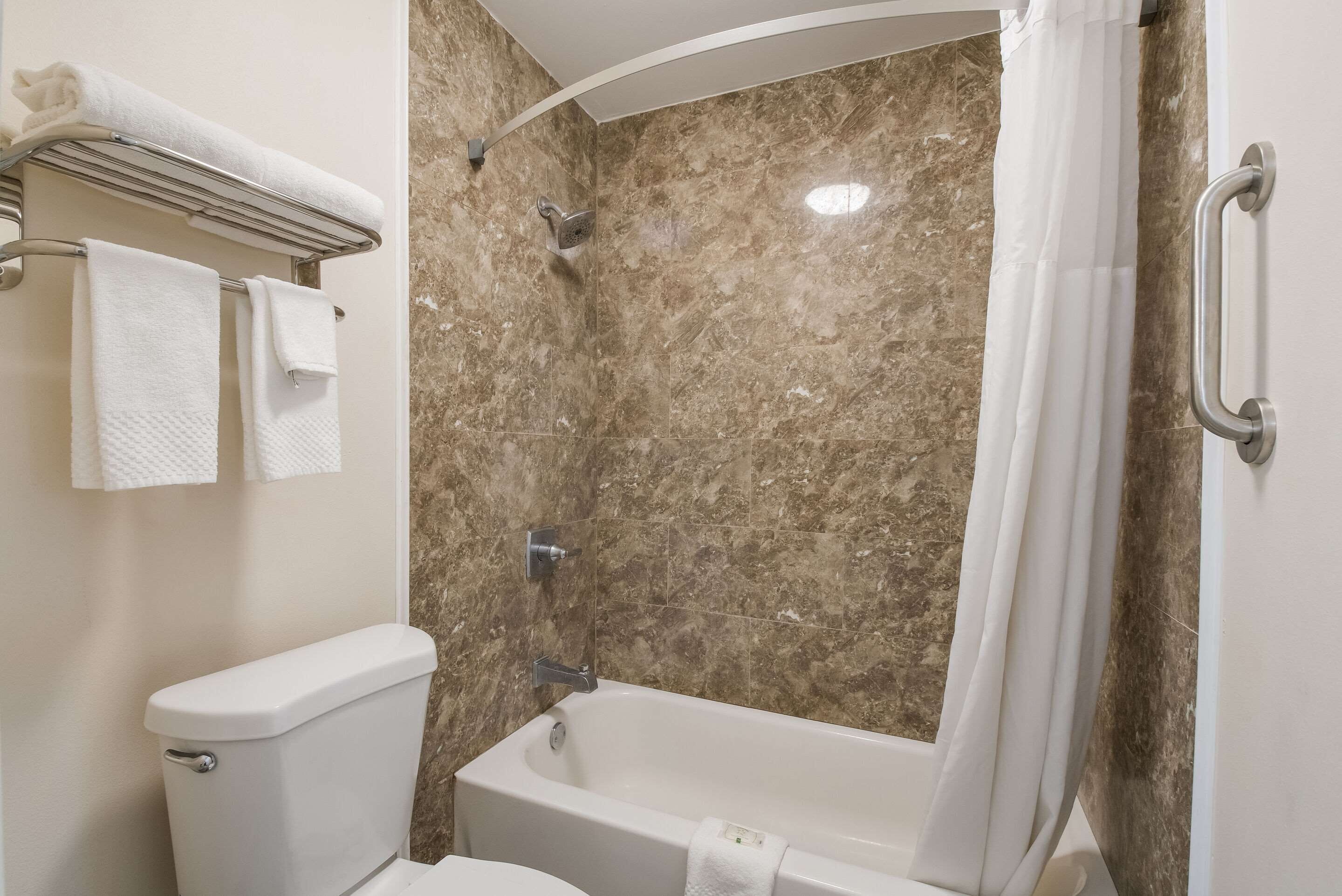 Ein Badezimmer mit Badewanne, Toilette und Dusche.