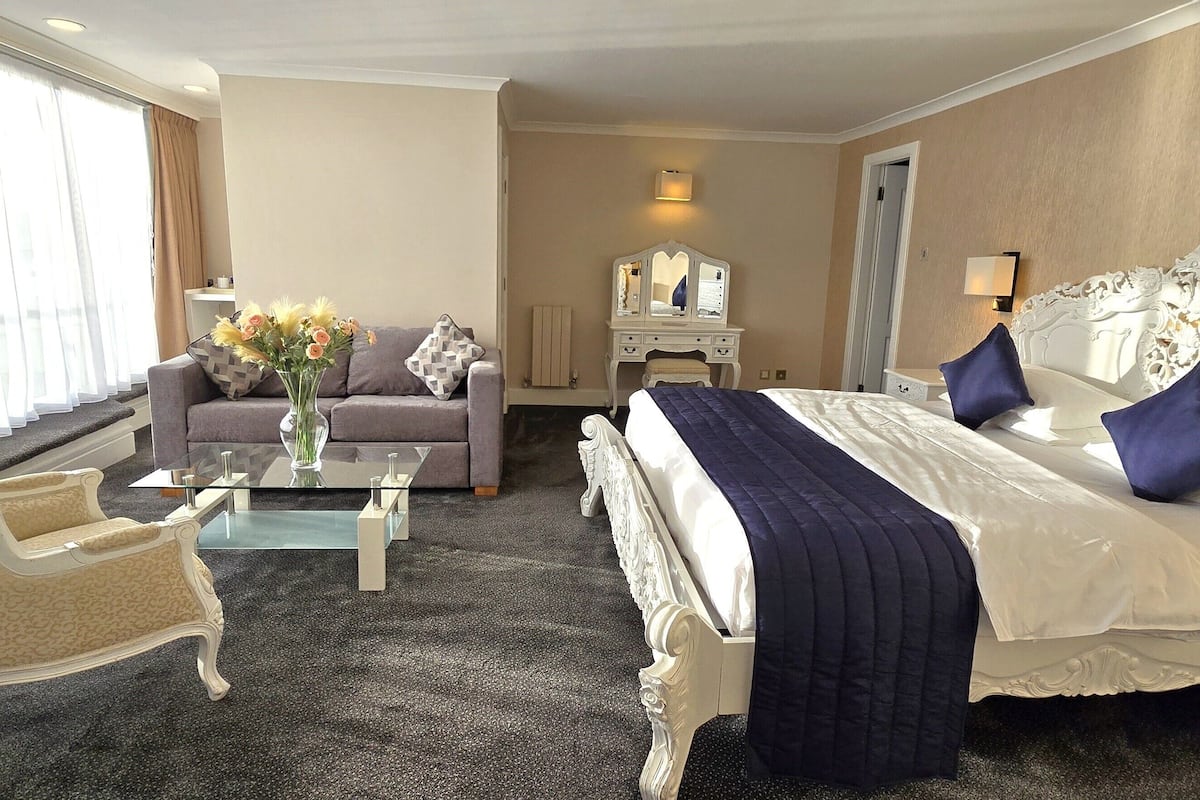 1 bedroom, desk, blackout curtains, iron/ironing board