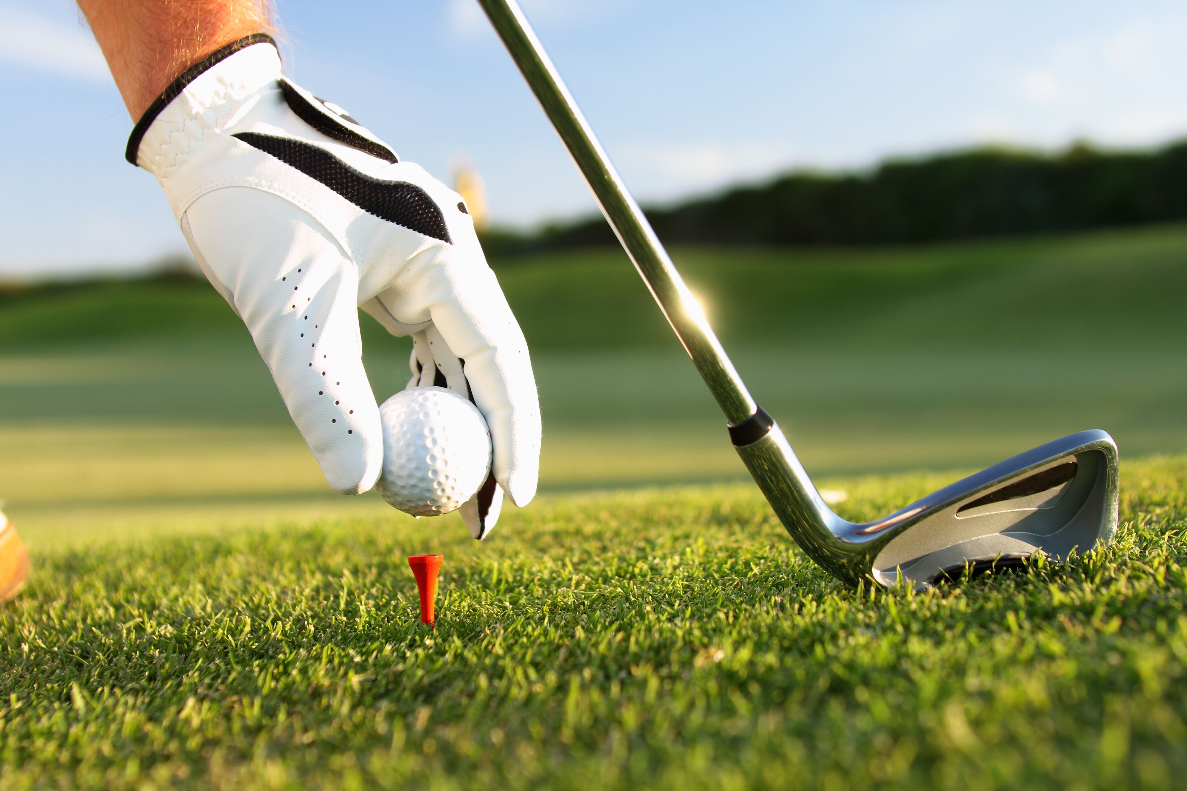 A golf club positioned over a tee on a grassy field.