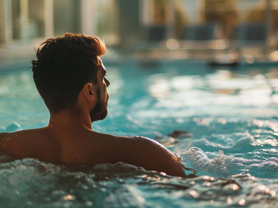 Piscina interna, piscina externa, guarda-sóis, espreguiçadeiras