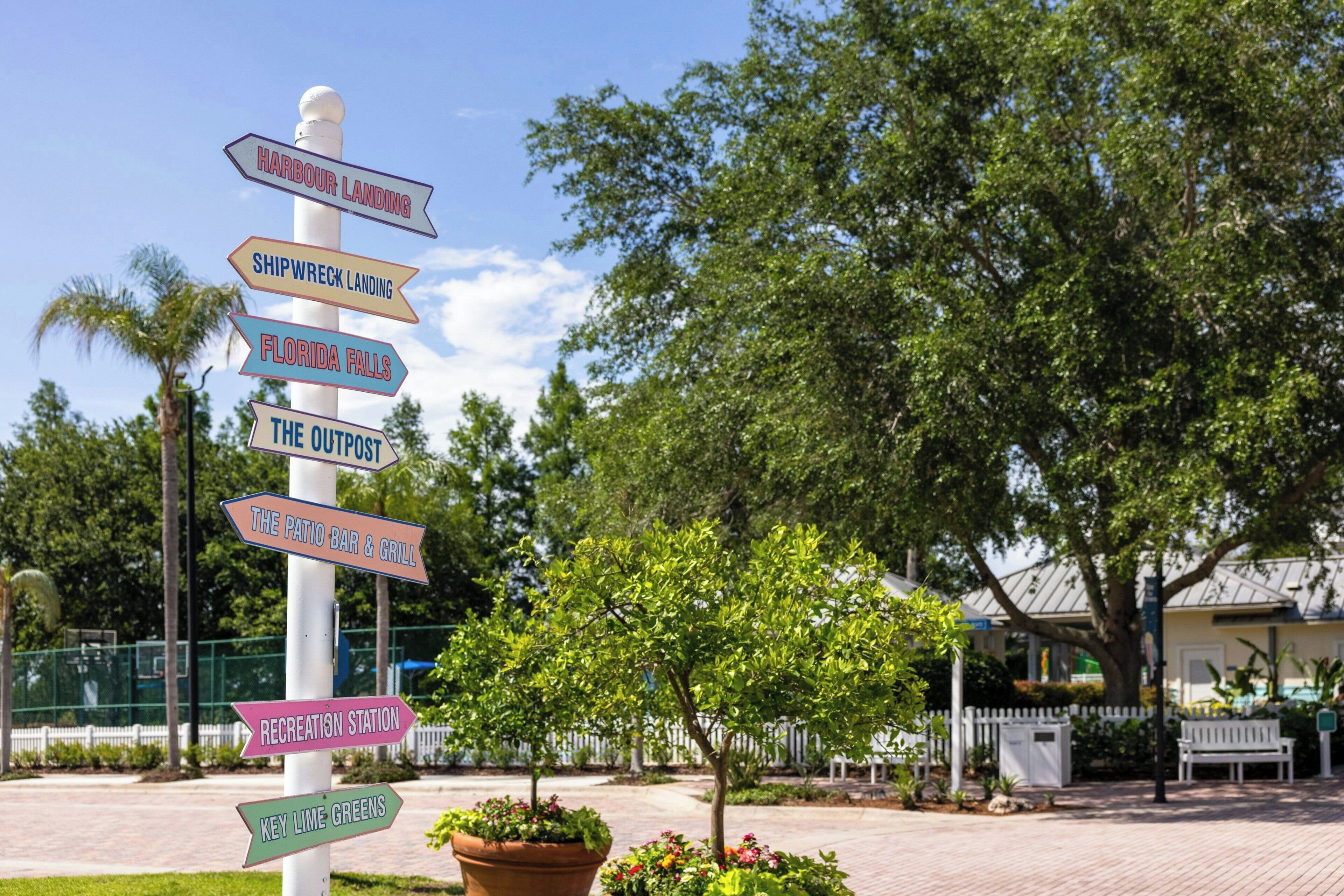 A directional signpost with multiple arrows pointing to various local attractions.