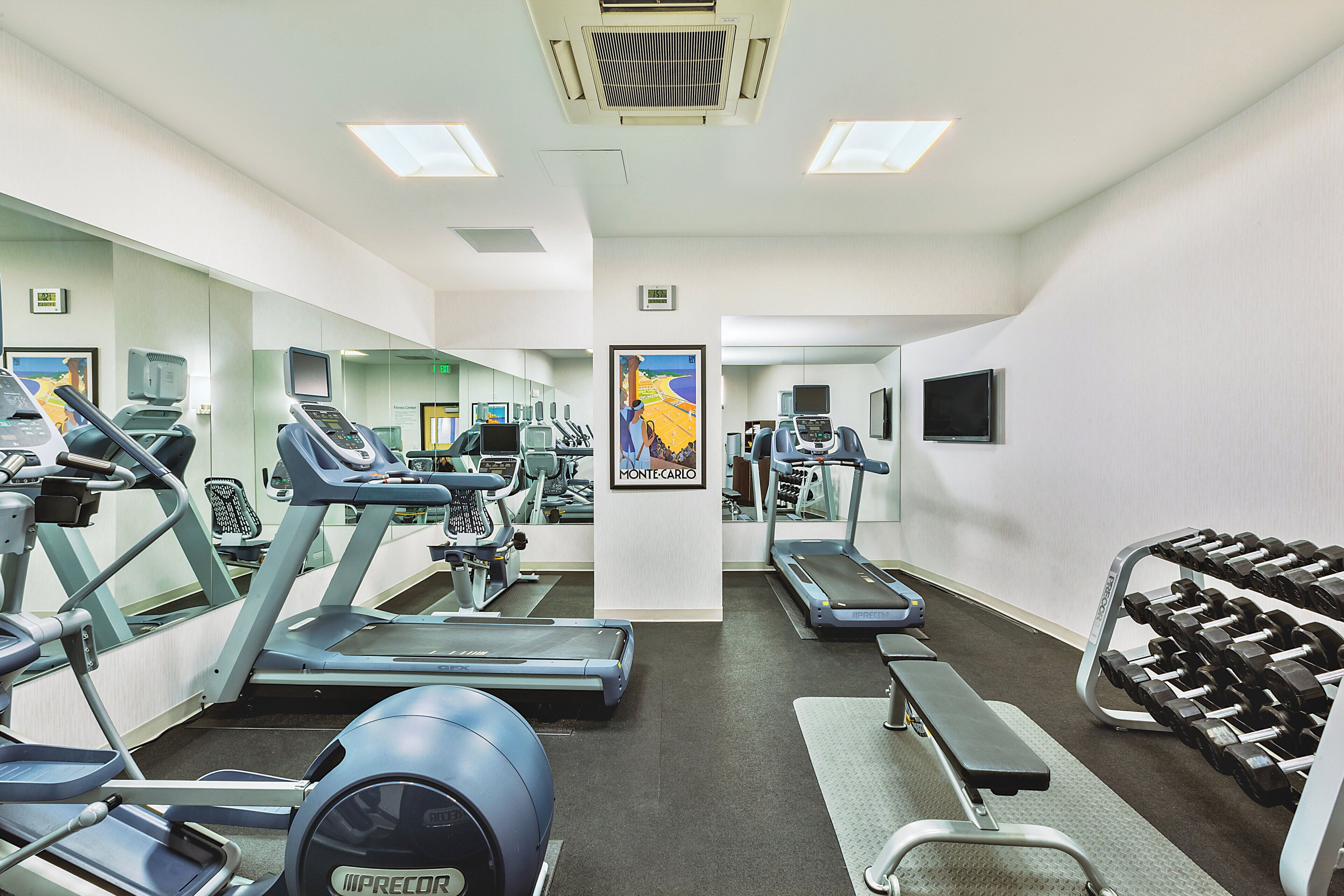 A gym with treadmills, elliptical machines, and free weights.