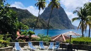 Una piscina al aire libre, sombrillas, tumbonas
