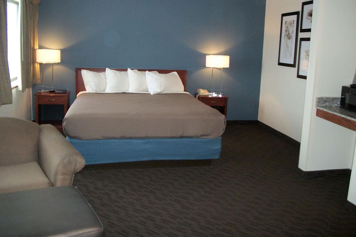 Una habitación de hotel con una cama, dos mesitas de noche, una silla y un escritorio.