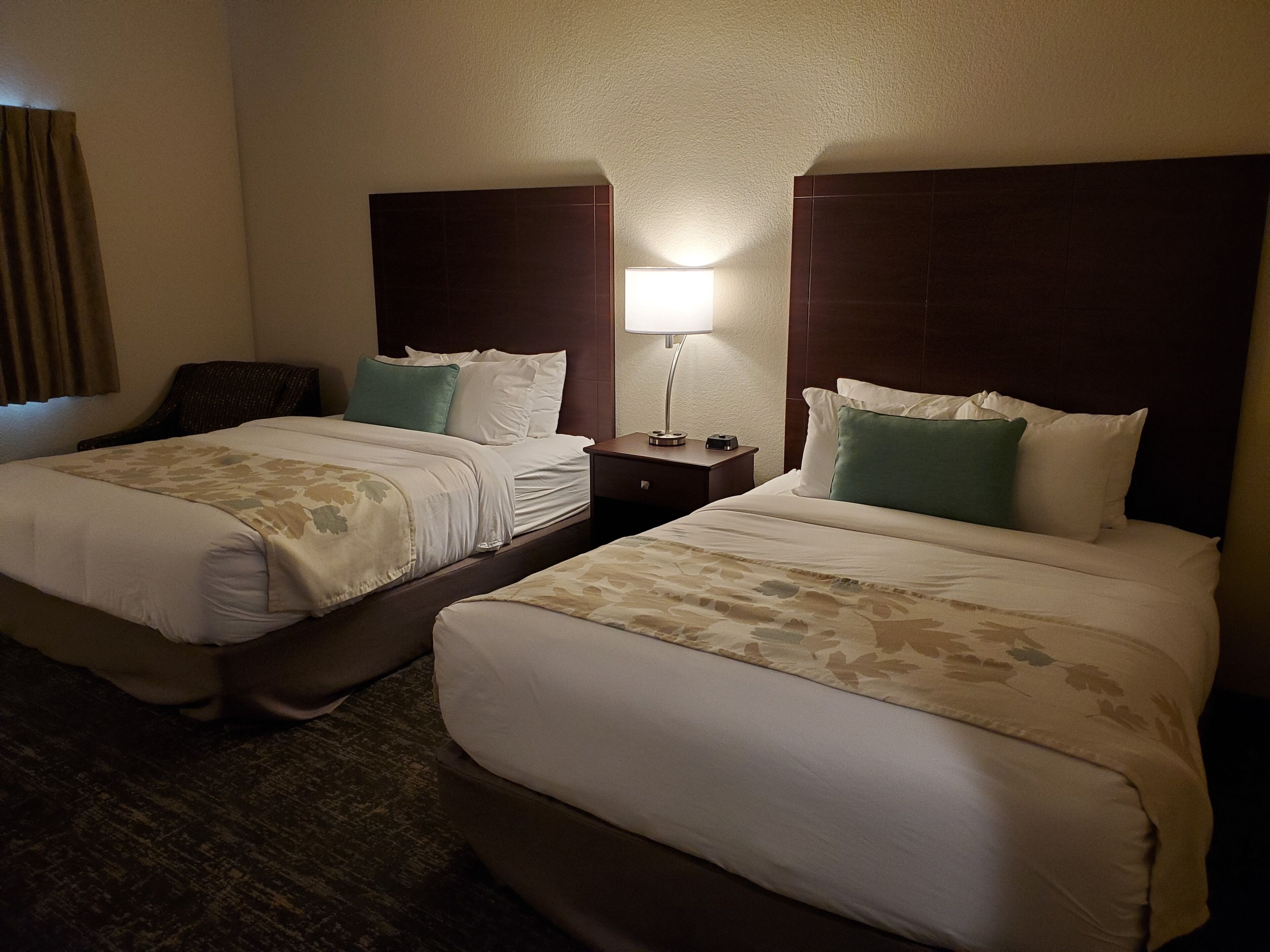 A hotel room with two beds, each with a headboard, a bedside table, and a lamp.