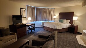 Una habitación de hotel con cama, escritorio, televisión, sofá y una silla.