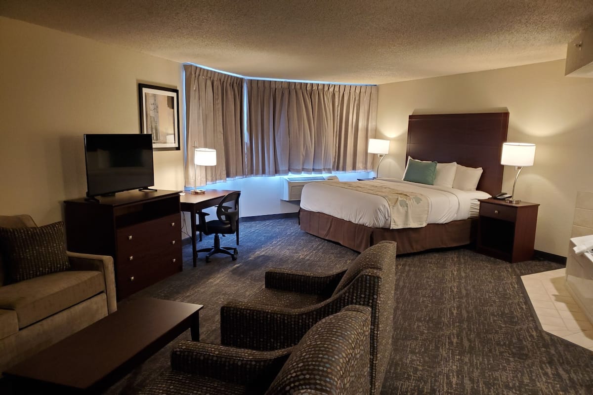 A hotel room with a bed, a desk, a television, a sofa, and a chair.