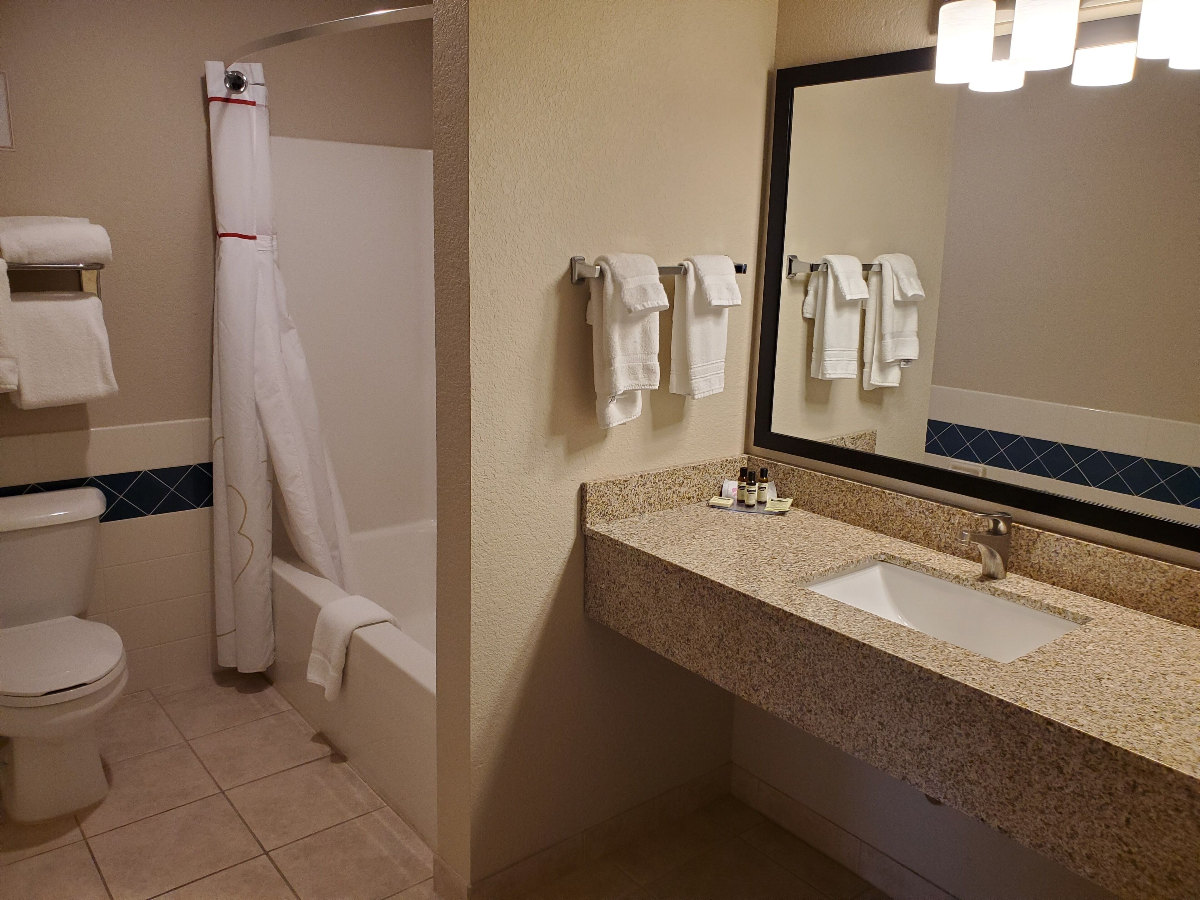 A bathroom with a toilet, shower, and sink.