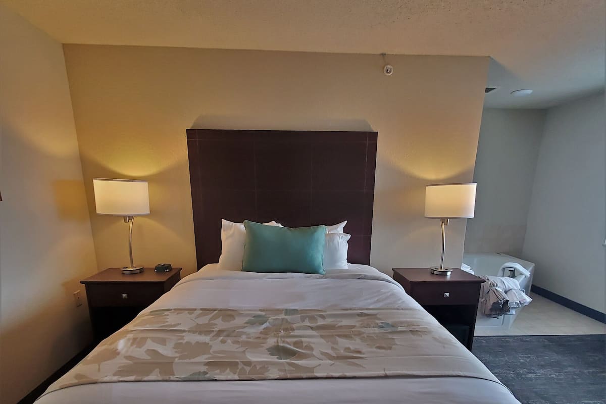 A hotel room with a large bed, two bedside tables with lamps, a headboard, and a carpeted floor.