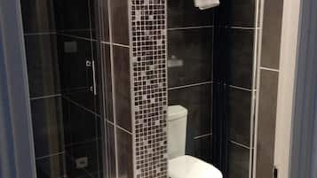 A modern bathroom with a glass-enclosed shower, a tiled wall, and a toilet.