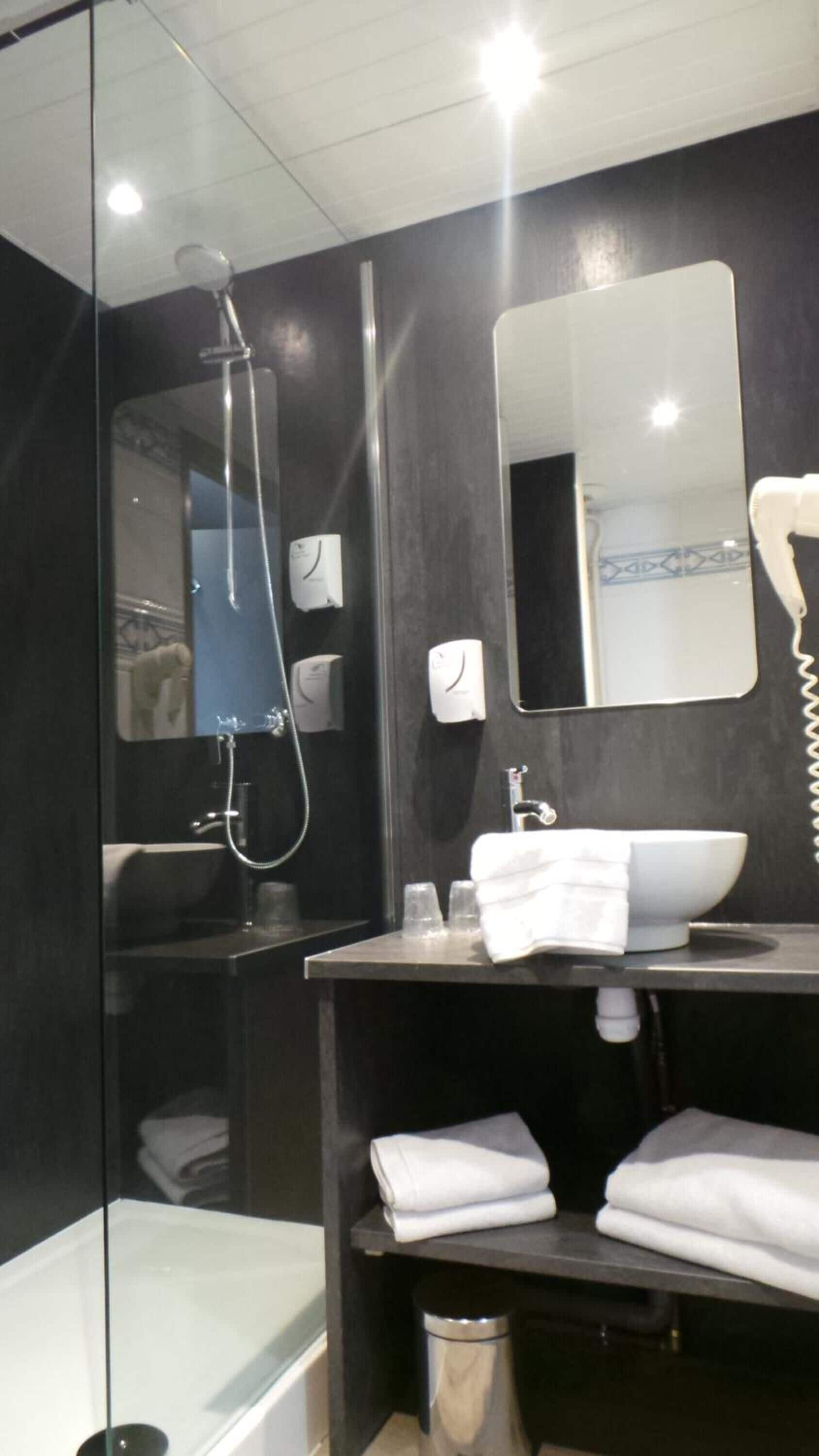 A modern bathroom with a glass shower enclosure, a sink with a mirror, and a toilet.