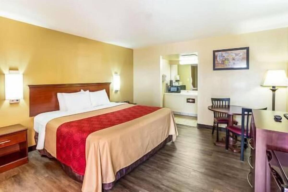 Quarto de hotel com cama, mesa de cabeceira, escrivaninha, cadeira e espelho.