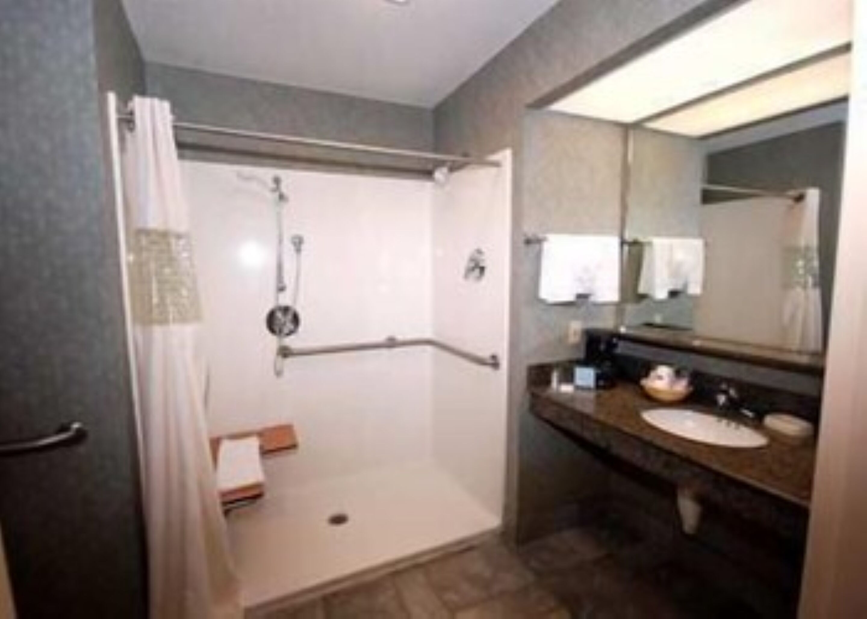 Un baño con ducha, lavabo y espejo.