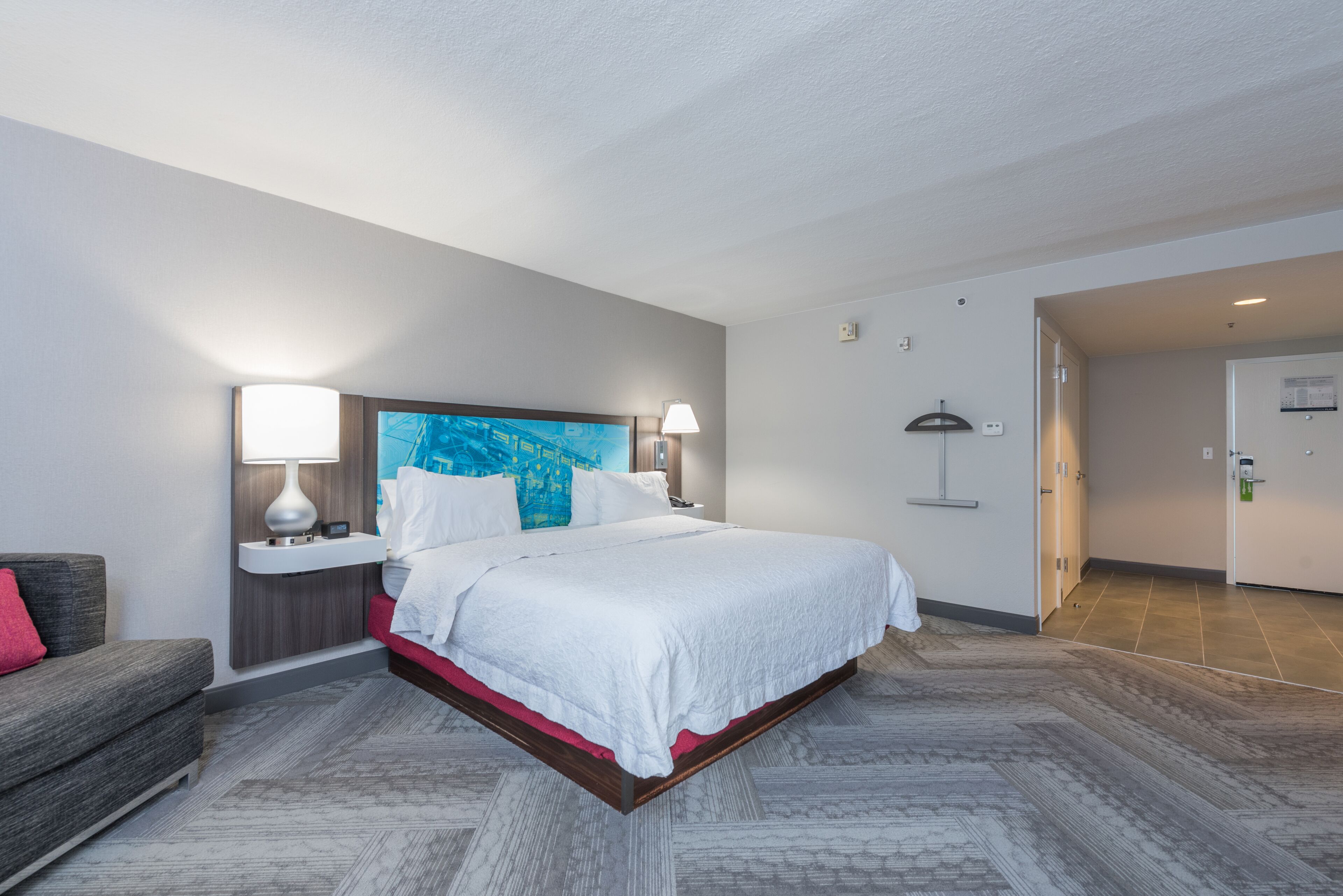 premium bedding, desk, blackout curtains, iron/ironing board