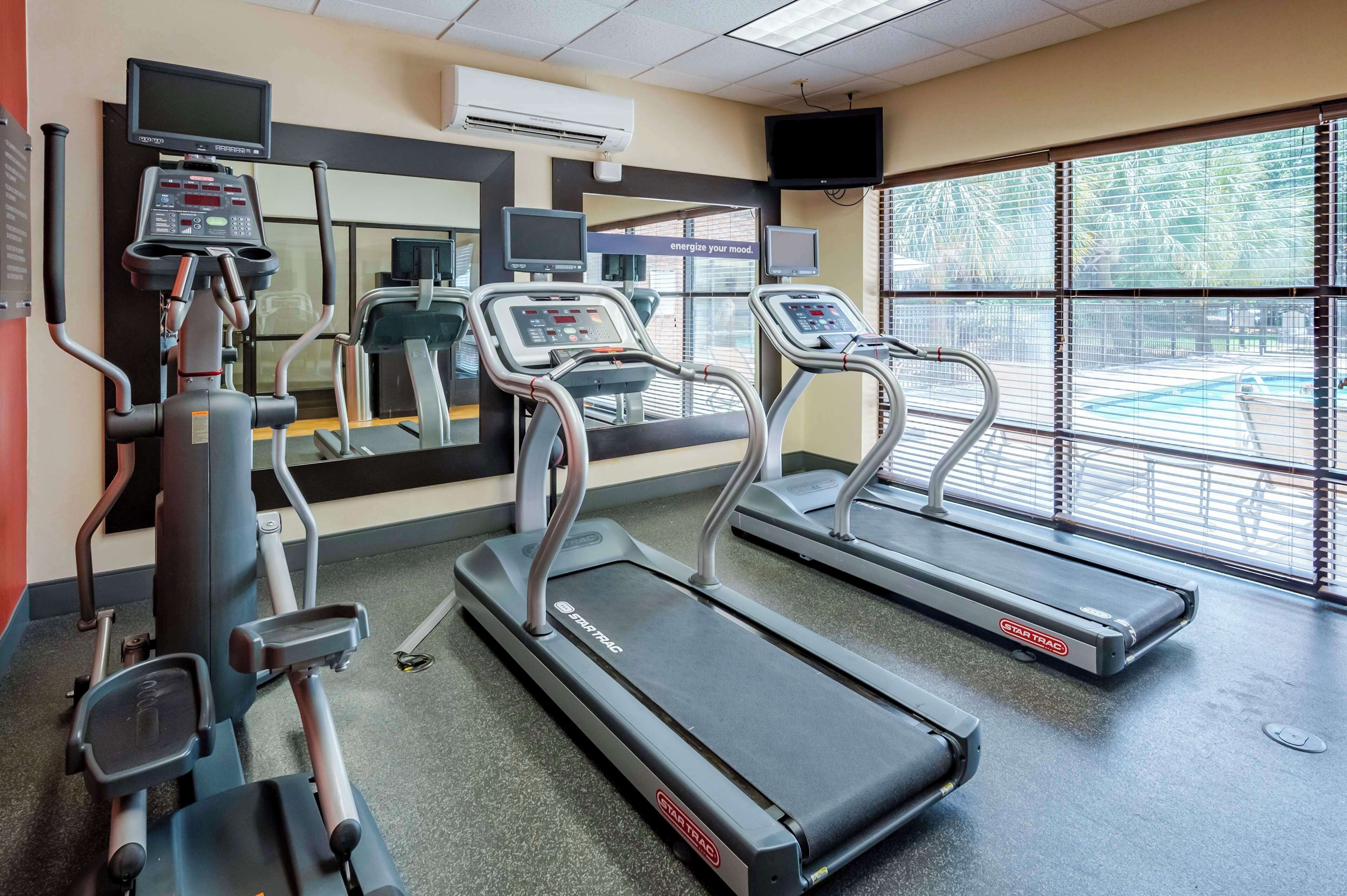 A gym with treadmills, a stationary bike, and a rowing machine.