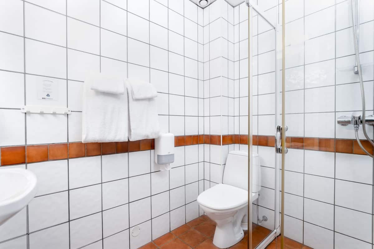 deluxe room | bathroom | shower, hair dryer, towels