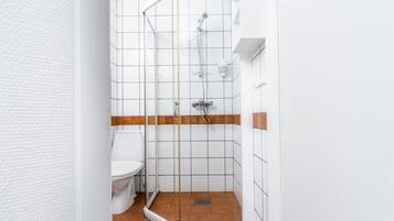 A bathroom with a white toilet, a glass shower enclosure, and a brown-tiled shower floor.
