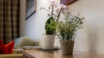 Una mesa de madera con dos plantas en macetas, un jarrón blanco y un cojín rojo.